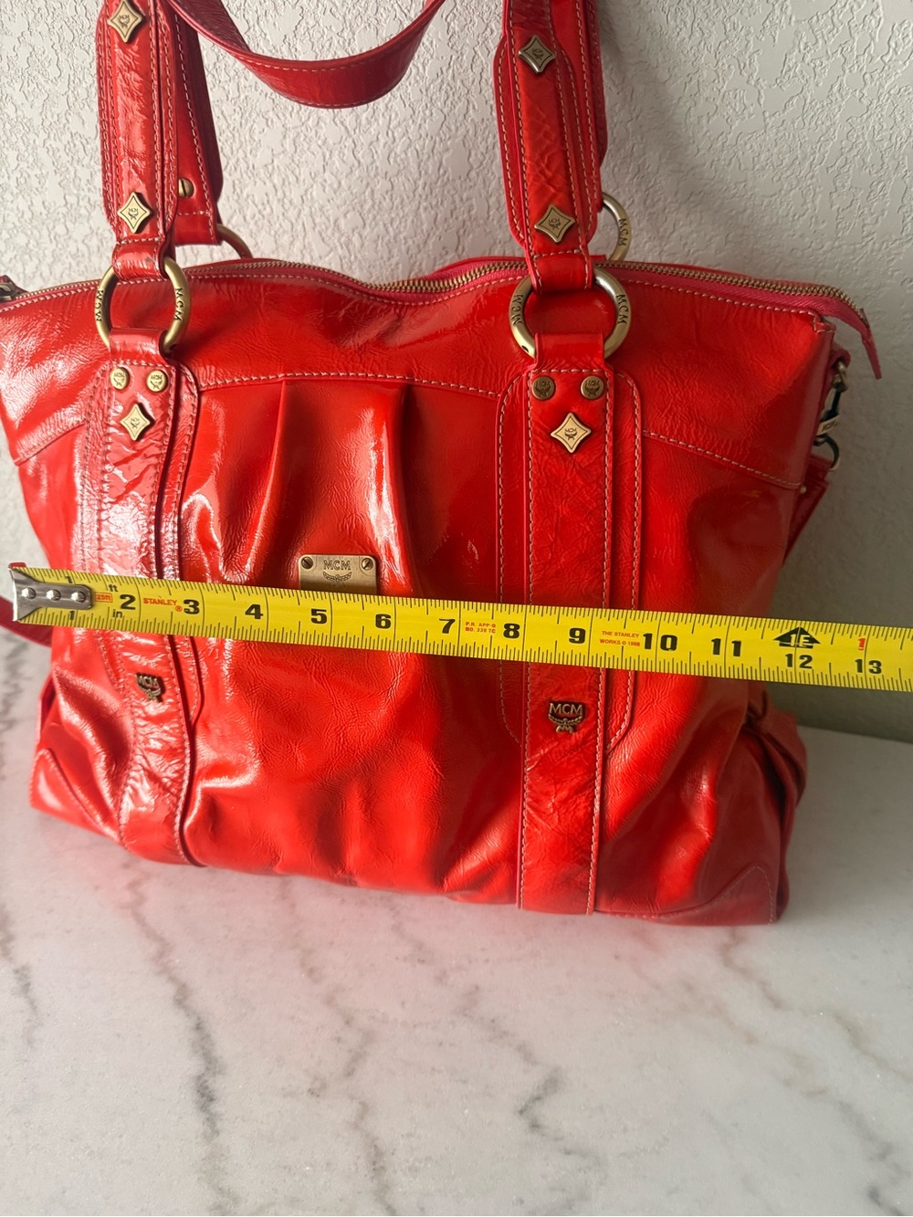 Authentic MCM München Red Patent Leather Satchel w/Crossbody Strap & Dust Bag - Picture 13 of 15